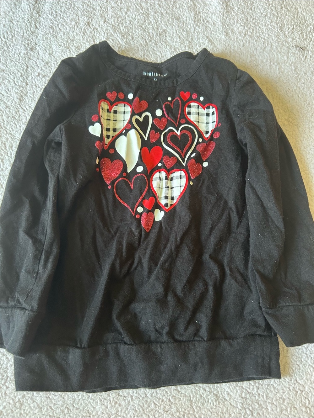 healthtex Black Long Sleeve Tee with Red and White Heart Design